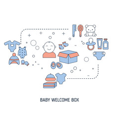 Baby welcome box concept with baby care icons.