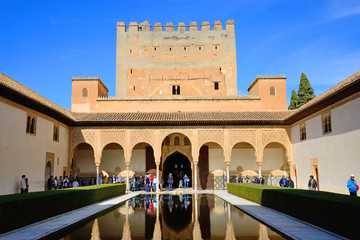 Fototapeta premium Granada, Spain - February 20, 2020: Palace of the Nasrids and courtyard of the Arrayanes of the Alhambra in Granada, Spain.