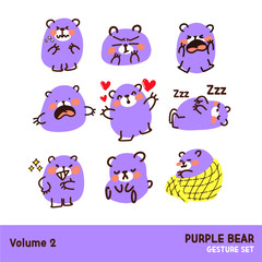 Cute Purple Bear Emoticon Gesture Doodle Illustration Character Mascot Asset Set Vol. 2. Best for Print, Party Decoration, App's Sticker, Web Use