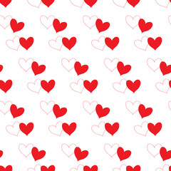 Obraz na płótnie Canvas White heart with red outline contour and red fill heart partly overlapping and isolated in a white transparent seamless pattern background. Vector illustration.