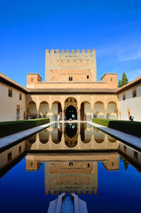 Fototapeta premium Granada, Spain - February 20, 2020: Palace of the Nasrids and courtyard of the Arrayanes of the Alhambra in Granada, Spain.