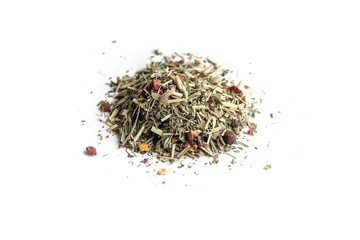 different sorts of black or green tea in bulk  on a white background close-up isolated