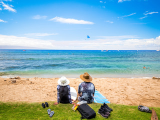 Looking of Kaanapali Beach, Maui, Hawaii. With three miles of white sand and crystal clear water,...