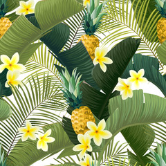Fototapeta premium Seamless hand drawn tropical vector pattern with exotic banana palm leaves, frangipani flowers, pineapples and various plants on white background.