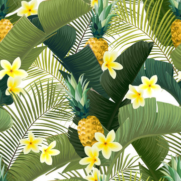 Seamless hand drawn tropical vector pattern with exotic banana palm leaves, frangipani flowers, pineapples and various plants on white background.