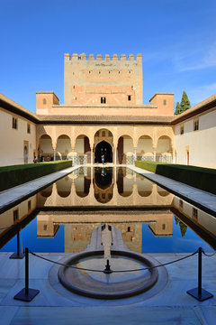 Granada, Spain - February 20, 2020: Palace of the Nasrids and courtyard of the Arrayanes of the Alhambra in Granada, Spain.