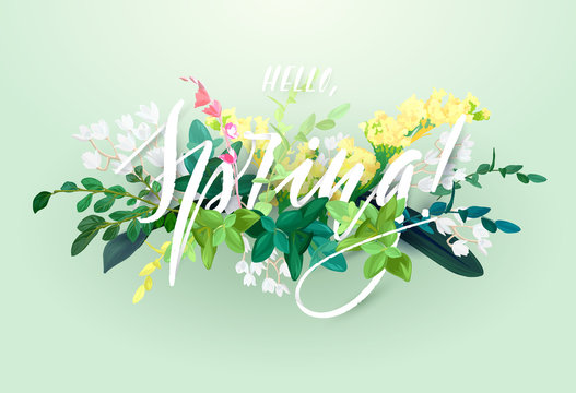 Spring floral eco design with white lily flowers, green leaves, succulent plants and integrated 3d typography. template for poster, flyer, banner or card. Illustrated nature background.