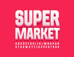 Vector bright logo Super Market. White 3D Font. Elegant Alphabet Letters and Numbers.