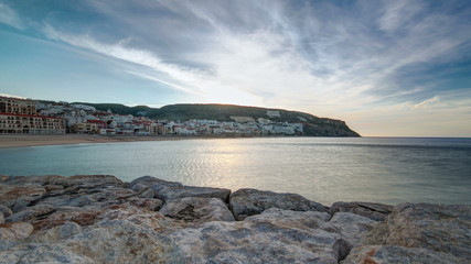 Sunrise at Small town of Sesimbra (Portugal), panorama timelapse