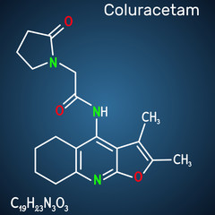 Coluracetam, BCI-540,  C19H23N3O3 molecule. It is is a nootropic agent of the racetam family. Structural chemical formula on the dark blue background