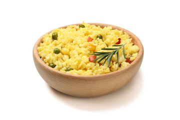 Wooden bowl with delicious rice isolated on white background