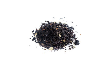 different sorts of black or green tea in bulk  on a white background close-up isolated