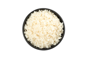 Boiled rice in black bowl isolated on white background