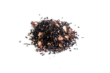 different sorts of black or green tea in bulk  on a white background close-up isolated