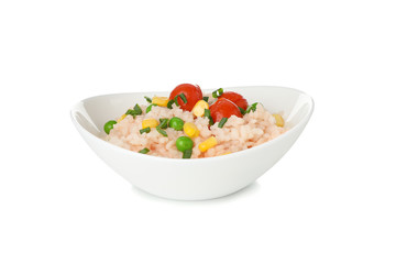 Plate with delicious rice and vegetables isolated on white background
