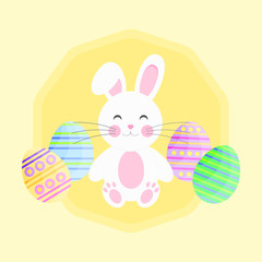This is vector flat happy Easter Day background. Cute card with rabbit and Easter eggs on yellow background.