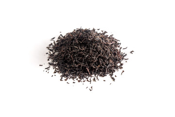 different sorts of black or green tea in bulk  on a white background close-up isolated