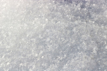 The texture of freshly fallen snow. Christmas template for design. Clearly visible individual snowflakes. Winter background.
