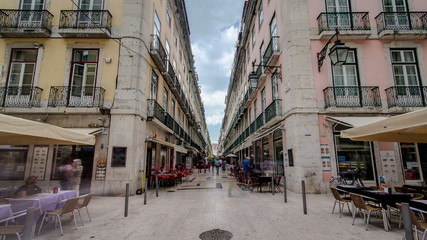 Augusta Street seen at the end of it connecting the most famous Lisbon street. Timelapse.