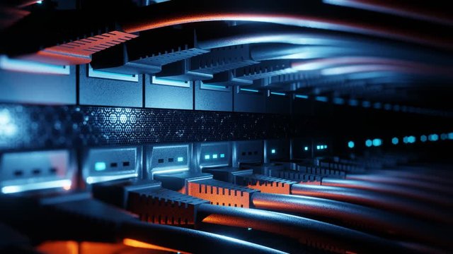 Close-up view of modern internet network switch with plugged ethernet cables. Blinking blue lights on internet server. 4k 3d endless loop.