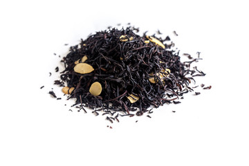 different sorts of black or green tea in bulk  on a white background close-up isolated