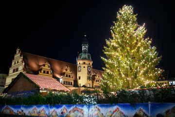 Traditional Festive Christmas fair at Marktplatz Market Square near Old Town Hall. Leipzig,...