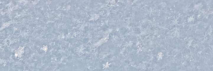The texture of freshly fallen snow. Christmas template for design. Clearly visible individual snowflakes. Winter background.