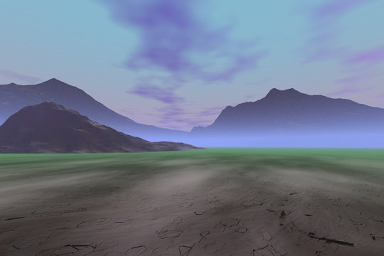 Desert, a rocky landscape, little grass on the ground, mountains in the background and a blue sky with colored clouds.