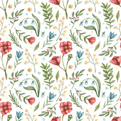 Watercolor botanical seamless pattern. Illustration of blue, red, flowers (bells, poppies, berries, green leaves, branches)