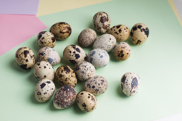 Fototapeta premium heap of quail eggs on color background. Vegetarian organic eco food.