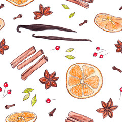 Seamless illustration of dried spices, watercolor orange slices, star anise, cinnamon, vanilla pods, cloves, cardamom pods