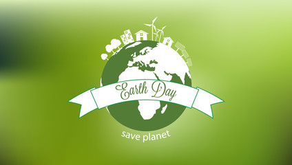 Earth day green planet with solar panels, trees and eolian windmills