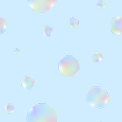Rainbow shiny soap bubbles seamless template, sky blue background transparent light colors 