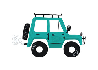 Cute green jeep isolated on a white background. Icon in hand drawn style for design of children's rooms, clothing, textiles. Vector illustration © Irina Gubanova
