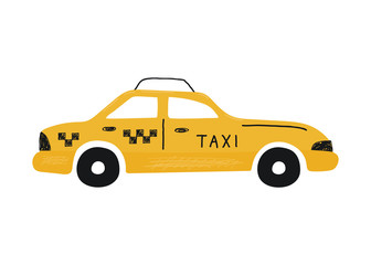 Cute yellow taxi car isolated on a white background. Icon in hand drawn style for design of children's rooms, clothing, textiles. Vector illustration