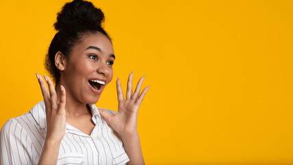 Shocked Girl Shouting And Looking Aside At Copy Space With Excitement