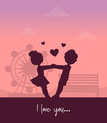 Boy and Girl Holding Hands on the Background of Amusement Park at Sunset, Friendship and Love Between Kids, Happy Valentine Day Vector illustration