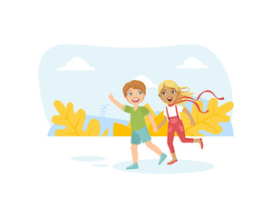 Cute Boy and Girl Running Holding Hands, Friendship and Love Between Kids, Happy Valentine Day Vector illustration