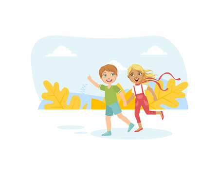 Cute Boy and Girl Running Holding Hands, Friendship and Love Between Kids, Happy Valentine Day Vector illustration © topvectors
