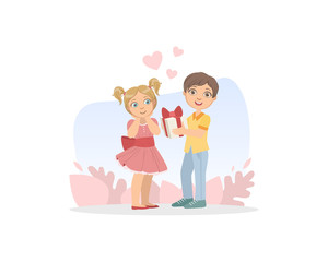 Cute Boy Giving Gift Box to Smiling Girl, Friendship and Love Between Kids, Happy Valentine Day Vector illustration