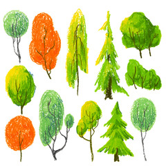 set of trees painted by wax crayons isolated on white. Sketch of plants. - 326097327