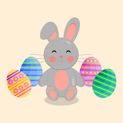 This is vector flat happy Easter Day background. Cute card with rabbit and Easter eggs on yellow background.