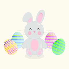 This is vector flat happy Easter Day background. Cute card with rabbit and Easter eggs on yellow background.