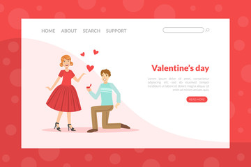 Valentines Day Landing Page Template, Happy Man Proposing Marriage to Beautiful Woman Vector Illustration