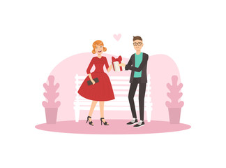 Young Man Giving Gift Box to Smiling Girl, Happy Loving Couple on Romantic Date Vector Illustration