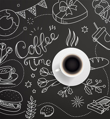 Coffee cup with doodling elements. Cafe menu desing vector template