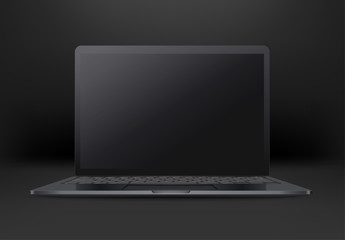Black laptop with empty screen on black background. Mock up for a design