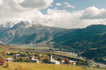 Fototapeta premium Beautiful nature scenic of small town in Svaneti region of Georgia.