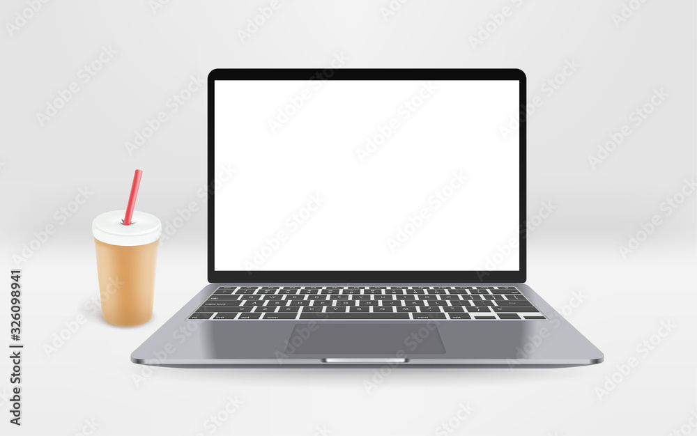 Poster Modern laptop with empty screen with beverage on a table