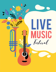 Summer fest, concept of live music festival, jazz and rock, food street fair, family fair, event poster and banner colorful vector design © Marina Zlochin